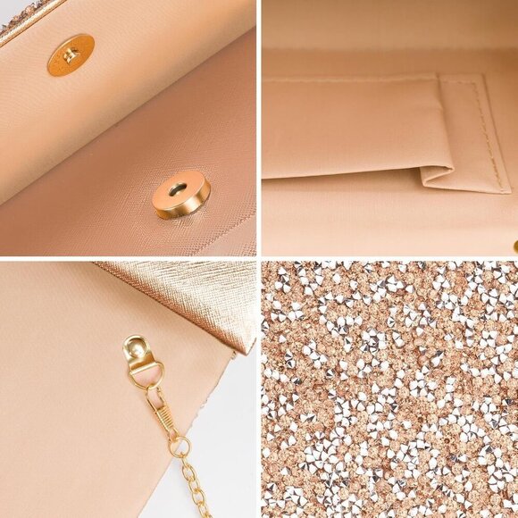 Women's Rhinestone Evening Handbag Clutch Rose Gold Envelope Crossbody - Picture 5 of 7